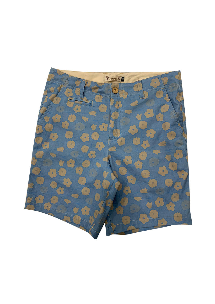 Blue Tan Floral Stretch Cotton Shorts