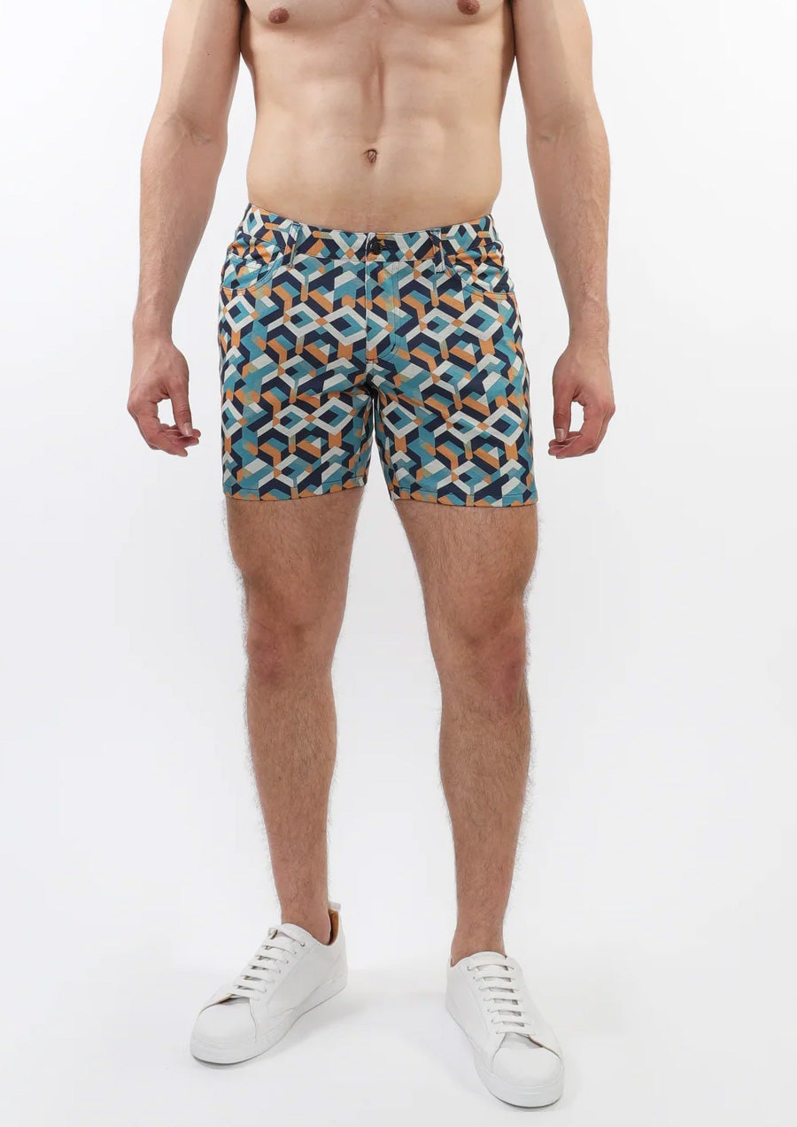 5" Printed Stretch Knit Short (Turquoise Ochre Parquet)