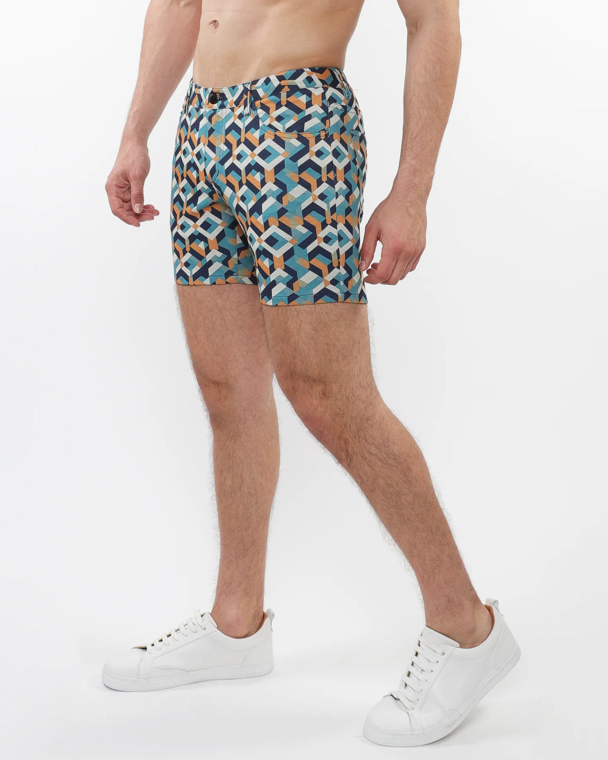 5" Printed Stretch Knit Short (Turquoise Ochre Parquet)