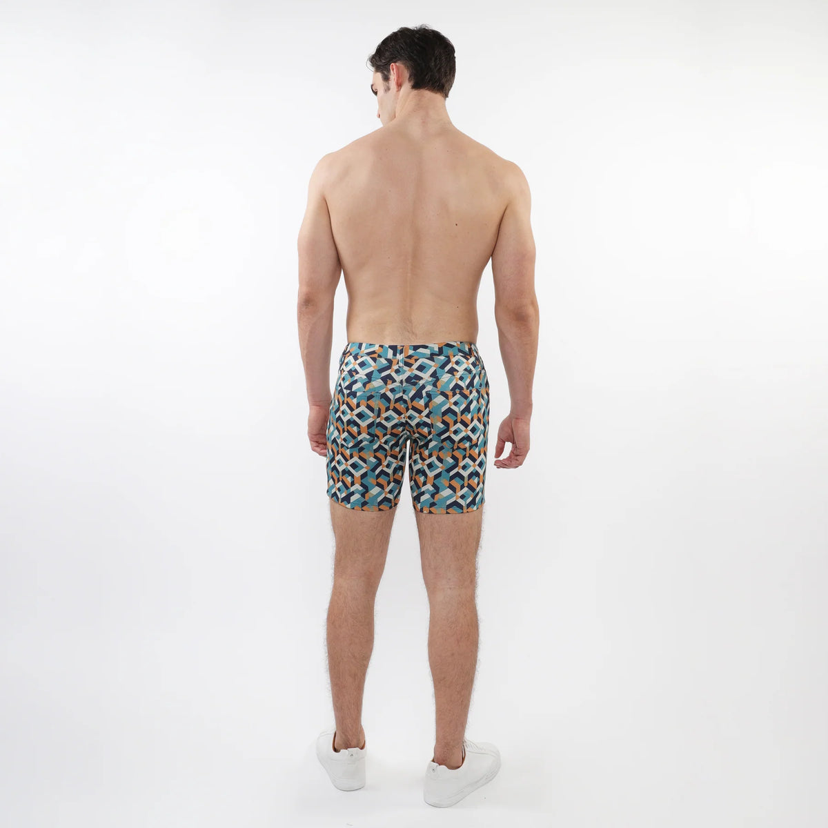 5" Printed Stretch Knit Short (Turquoise Ochre Parquet)
