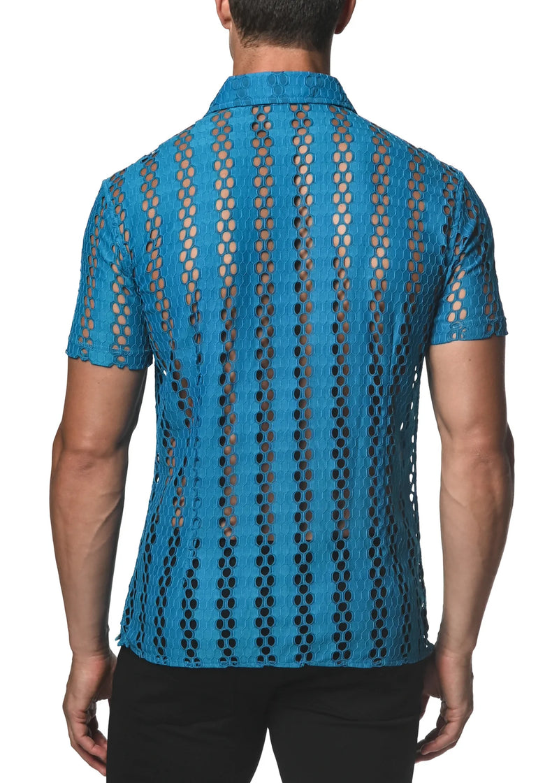 Stretch Knit Lace Gossamer Shirt (Sapphire Honeycomb)