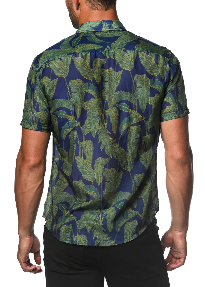Cotton/Silk Woven Shirt (Green Leaves)
