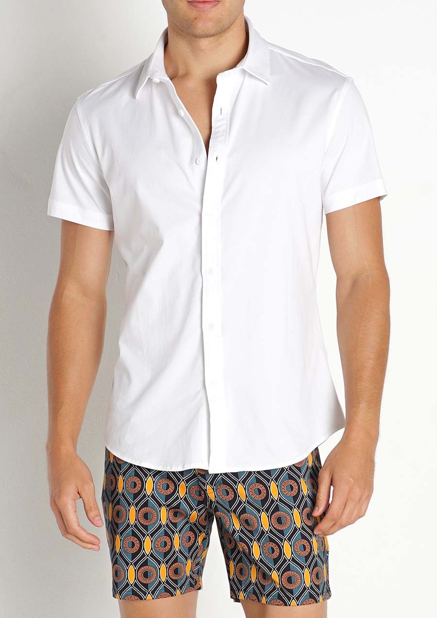 Stretch Jersey Knit Short Sleeved Shirt (White)