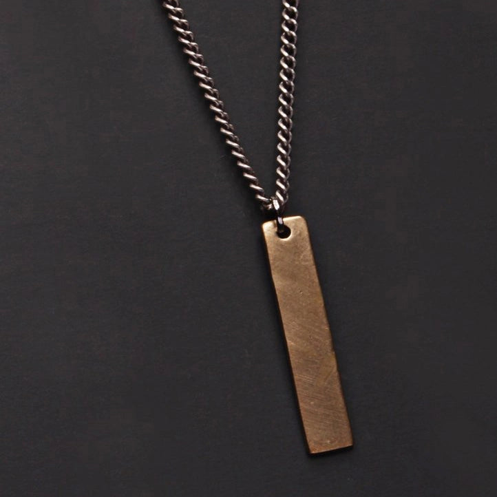 Bronze Tag & Oxidized Sterling Silver Mens Curb Chain Necklace 