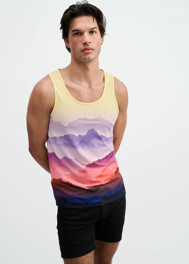 Printed Mesh Knit Tank (Purple/Gold Landscape)