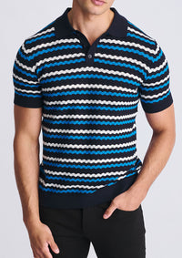 Textured Cotton Knit Striped Polo (Peacock/Navy/Off-White)