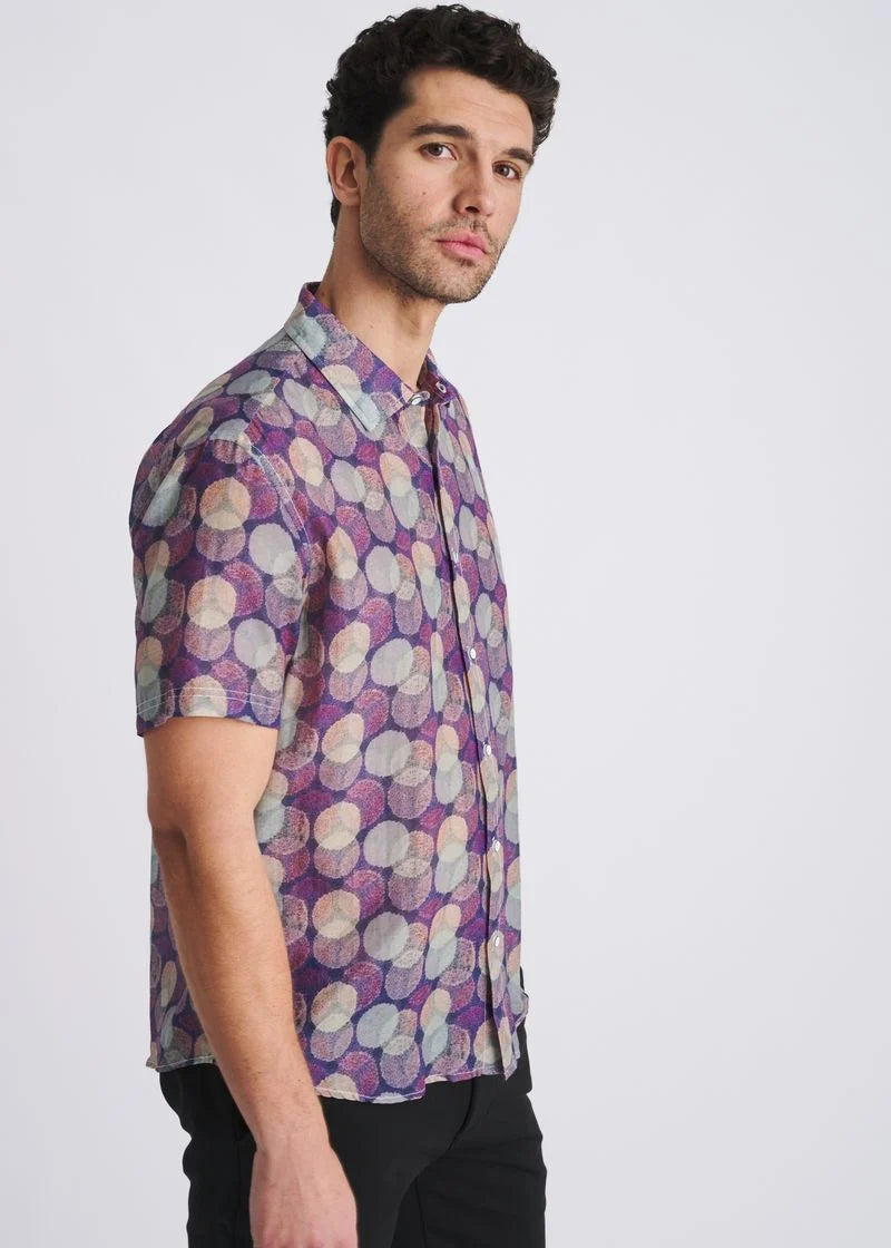 Cotton/Silk Short Sleeve Shirt (Sage/Purple Circles)