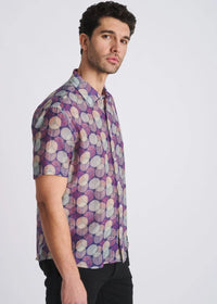 Cotton/Silk Short Sleeve Shirt (Sage/Purple Circles)