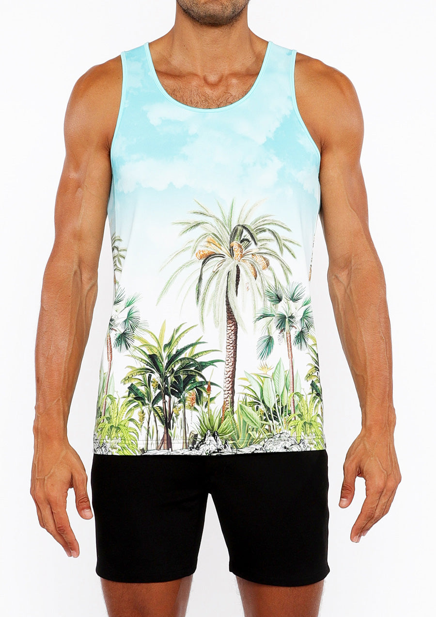 Printed Mesh Tank Top (Teal/Green Palm Trees)