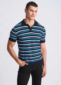 Textured Cotton Knit Striped Polo (Peacock/Navy/Off-White)