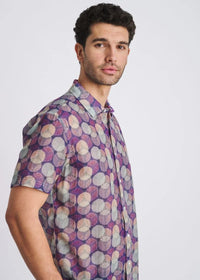 Cotton/Silk Short Sleeve Shirt (Sage/Purple Circles)