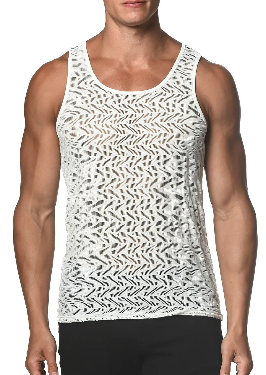 Stretch Gossamer Lace Tank Top (White Squiggly)