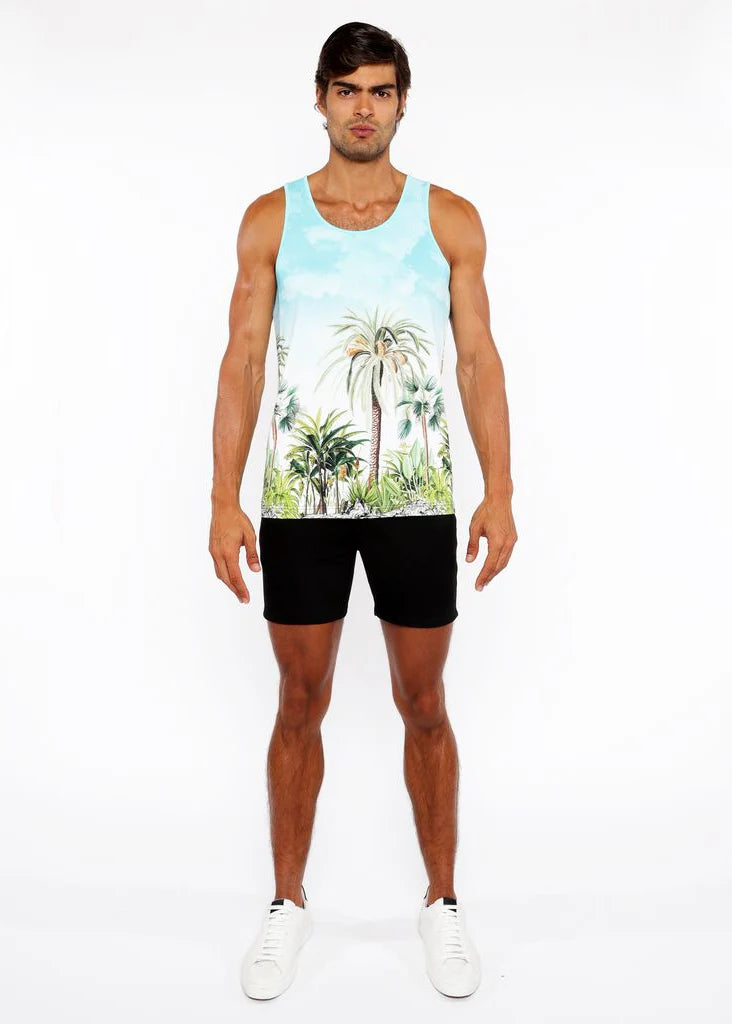 Printed Mesh Tank Top (Teal/Green Palm Trees)