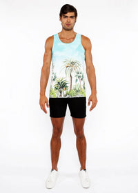Printed Mesh Tank Top (Teal/Green Palm Trees)