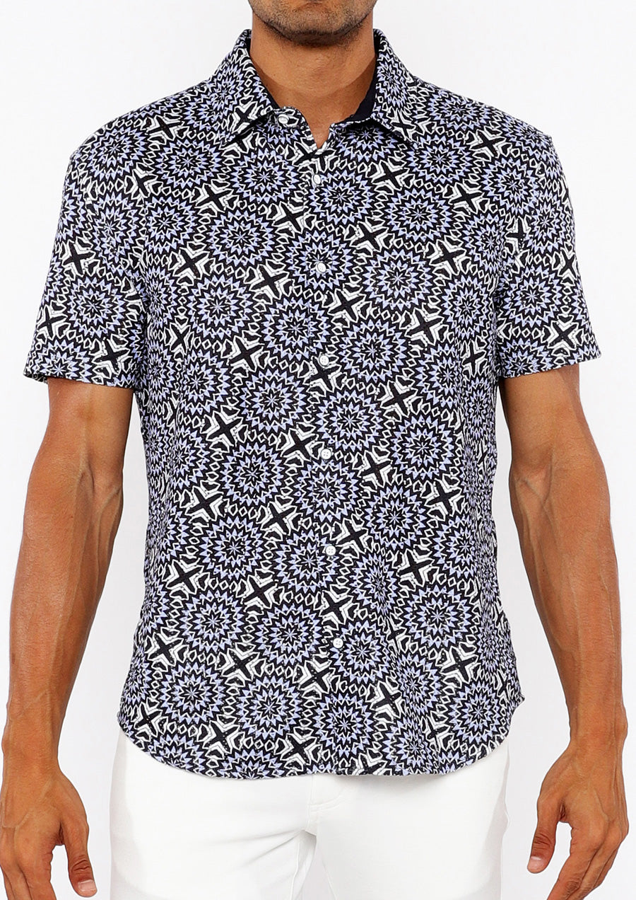 Printed Open Knit Stretch Shirt (Midnight/Periwinkle)