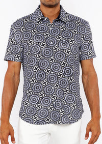 Printed Open Knit Stretch Shirt (Midnight/Periwinkle)