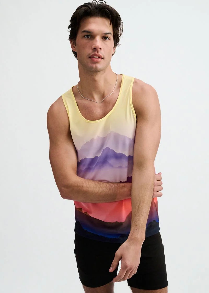 Printed Mesh Knit Tank (Purple/Gold Landscape)