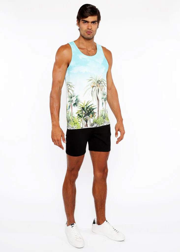Printed Mesh Tank Top (Teal/Green Palm Trees)