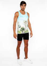 Printed Mesh Tank Top (Teal/Green Palm Trees)
