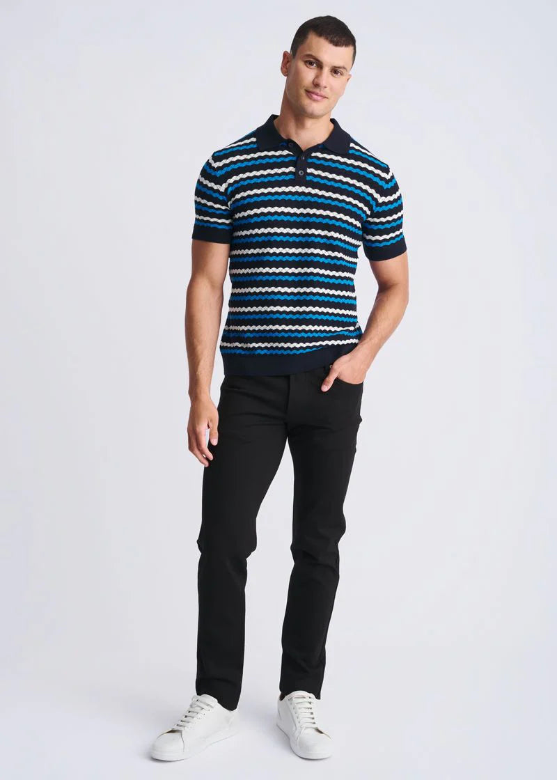 Textured Cotton Knit Striped Polo (Peacock/Navy/Off-White)