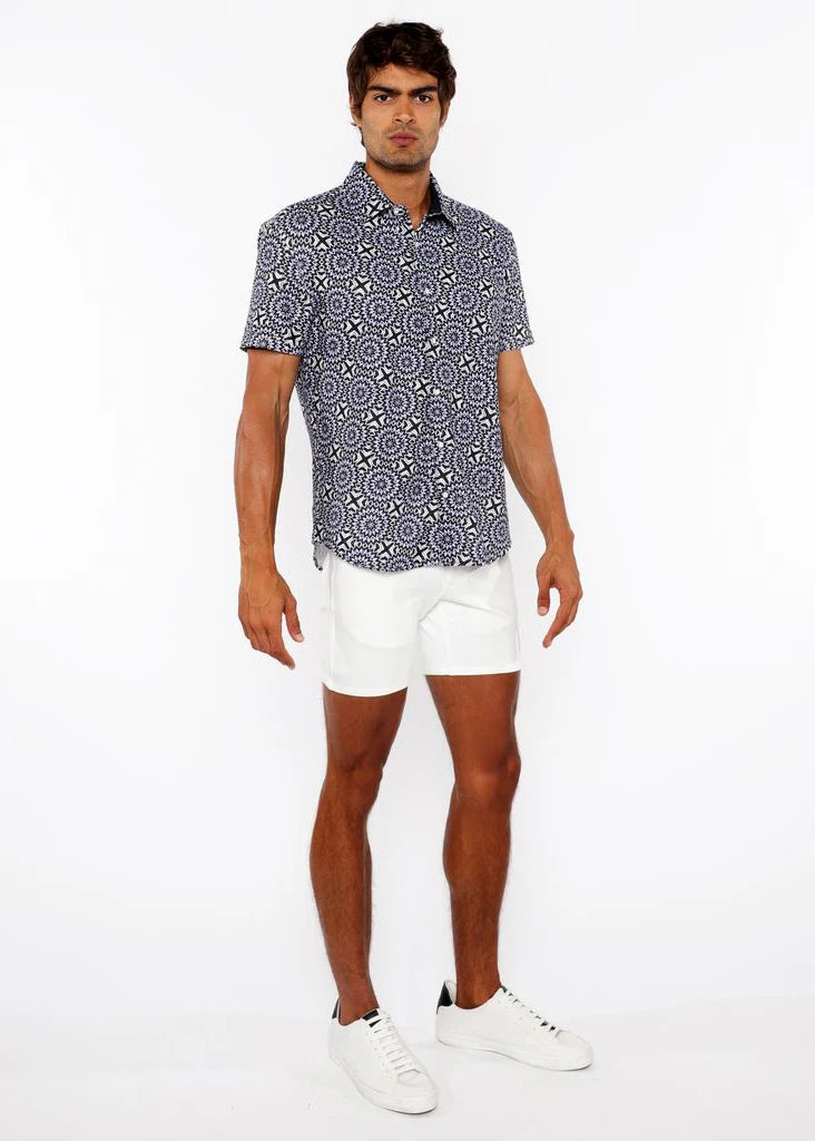 Printed Open Knit Stretch Shirt (Midnight/Periwinkle)