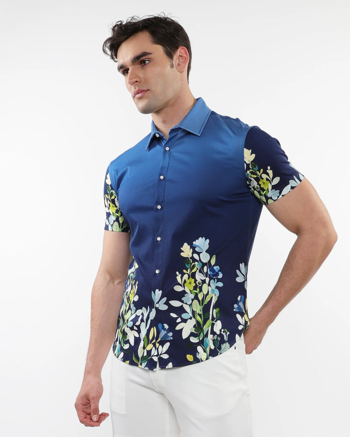 Printed Cotton Short Sleeve Shirt (Marine Floral)