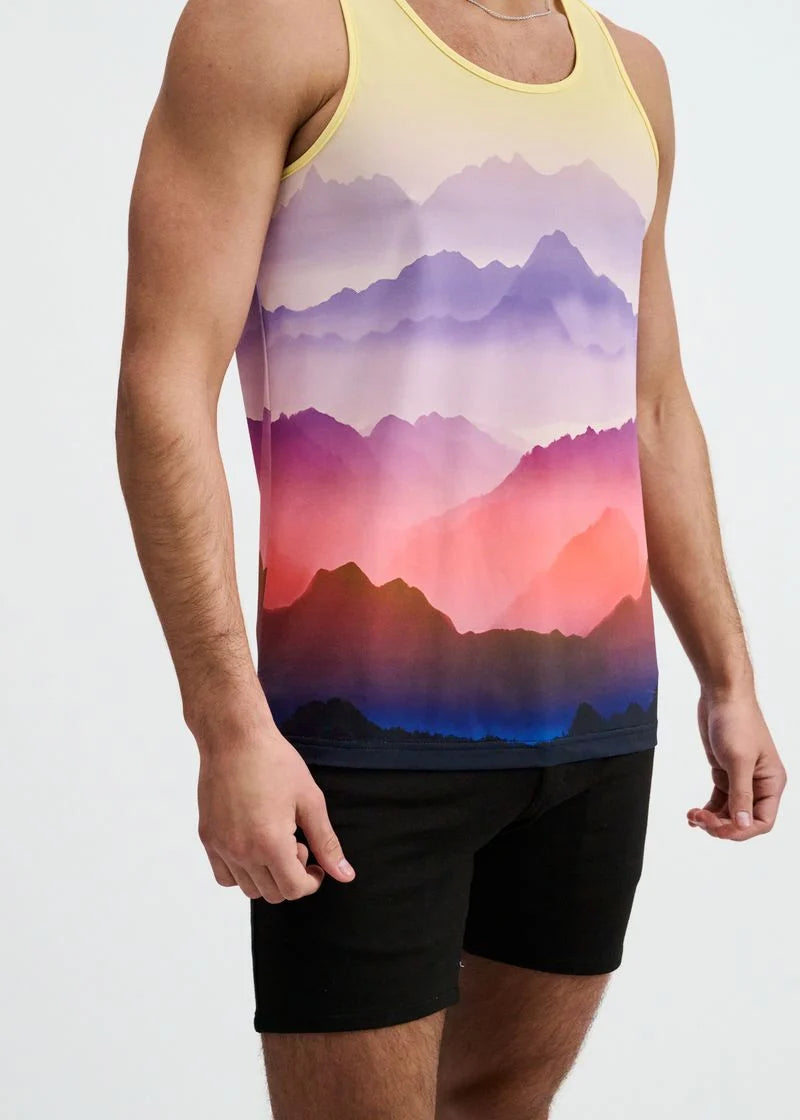 Printed Mesh Knit Tank (Purple/Gold Landscape)