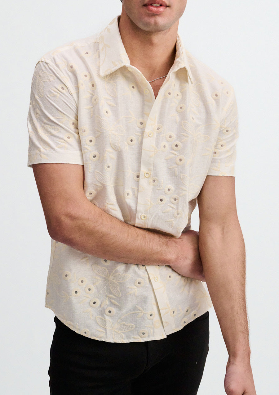 Printed Stretch Eyelet Shirt (Vanilla/White)