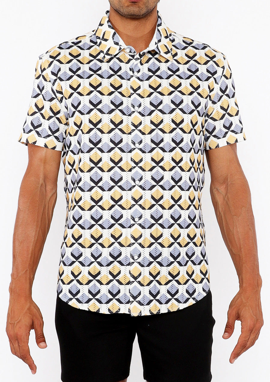 Printed Open Knit Stretch Shirt (Gold/Silver Diamonds)