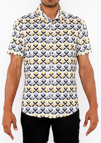 Printed Open Knit Stretch Shirt (Gold/Silver Diamonds)