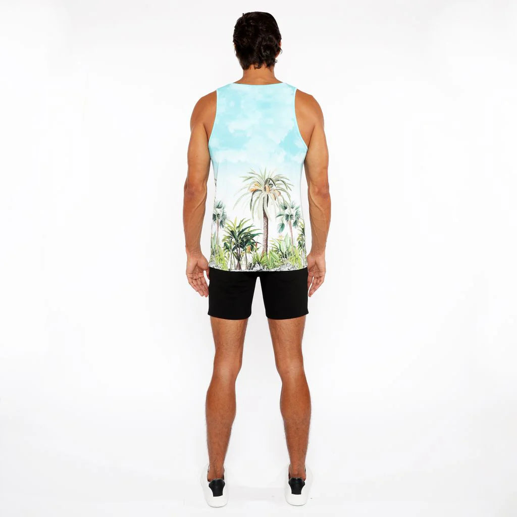 Printed Mesh Tank Top (Teal/Green Palm Trees)