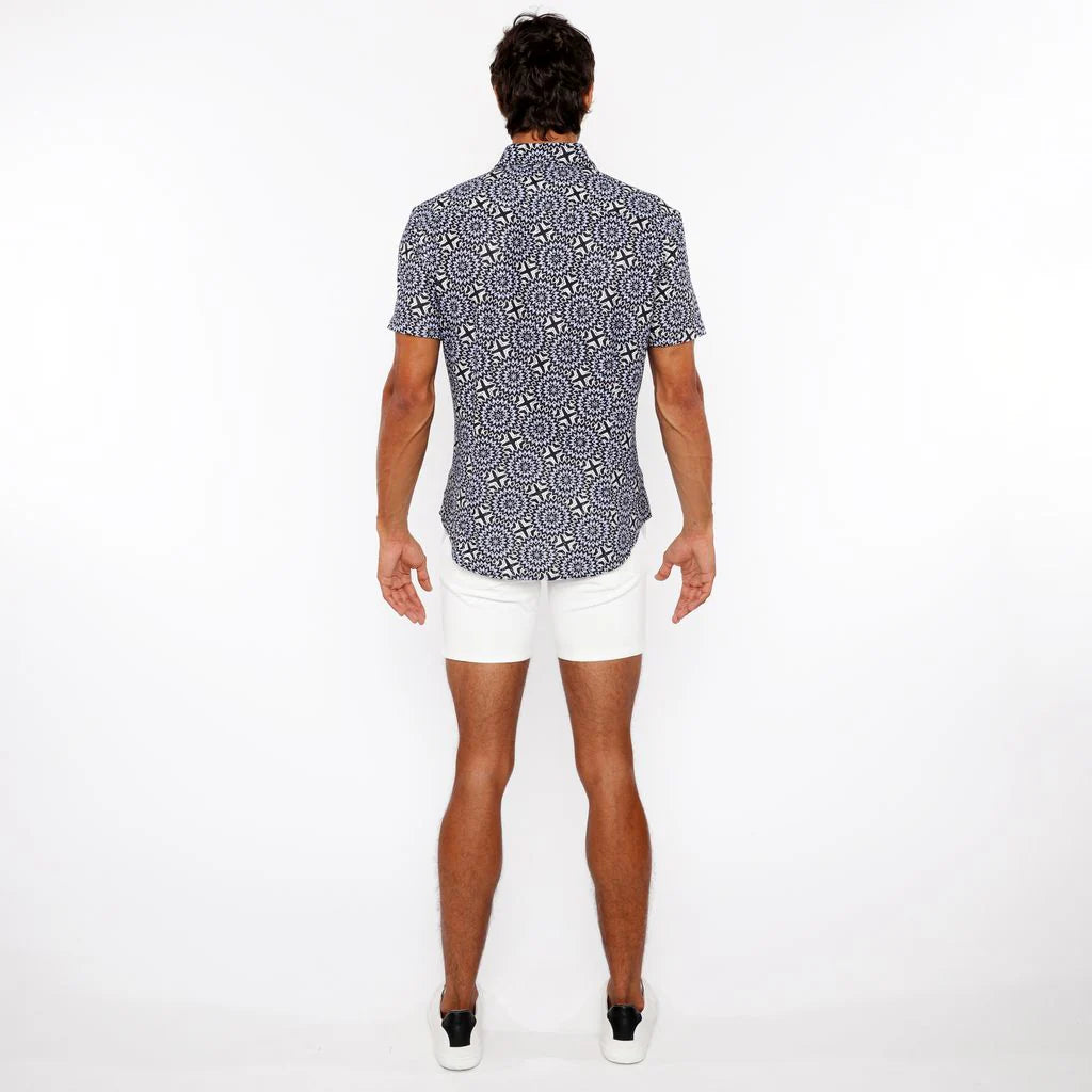 Printed Open Knit Stretch Shirt (Midnight/Periwinkle)