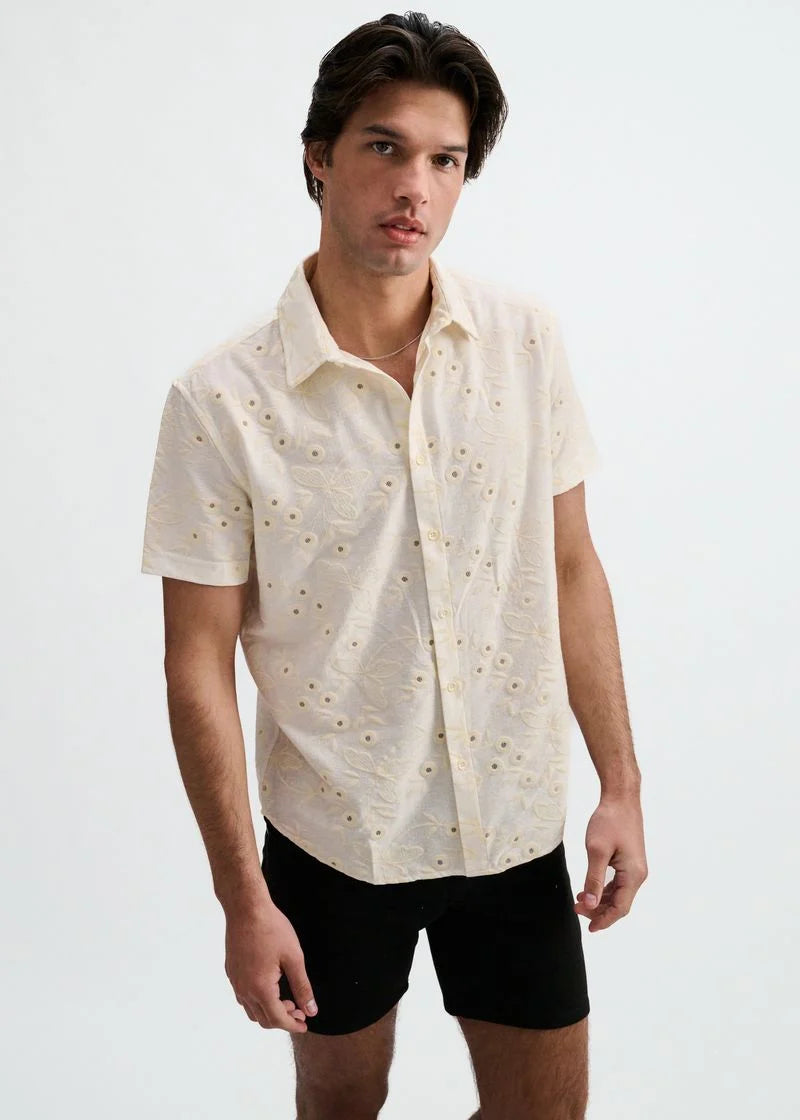 Printed Stretch Eyelet Shirt (Vanilla/White)