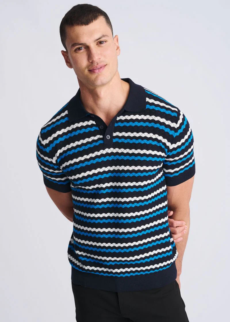 Textured Cotton Knit Striped Polo (Peacock/Navy/Off-White)