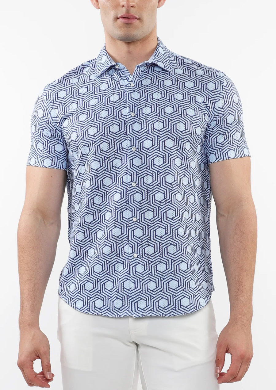 Open Knit Stretch Short Sleeve Shirt (Navy Cloud)