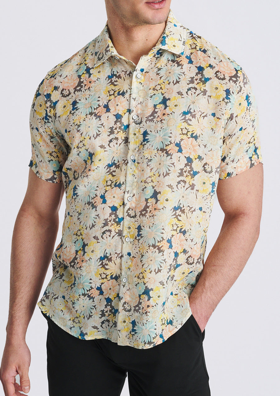 Printed Linen/Tencel Shirt (Yellow/Teal Floral)