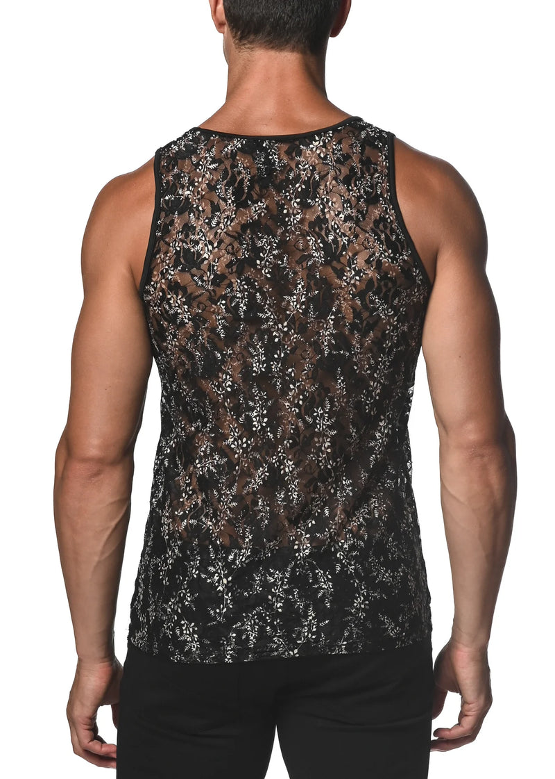 Stretch Gossamer Lace Tank Top (Black/White Floral)