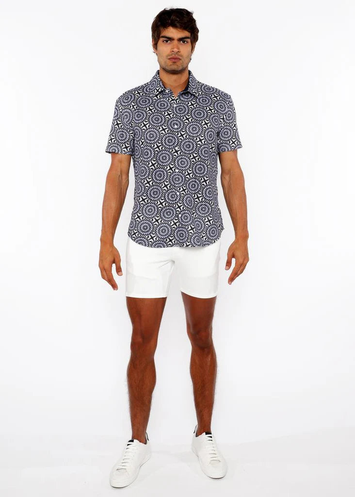 Printed Open Knit Stretch Shirt (Midnight/Periwinkle)