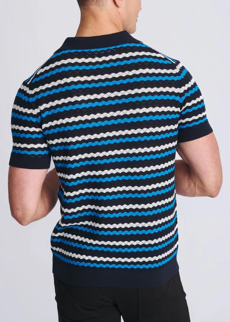 Textured Cotton Knit Striped Polo (Peacock/Navy/Off-White)