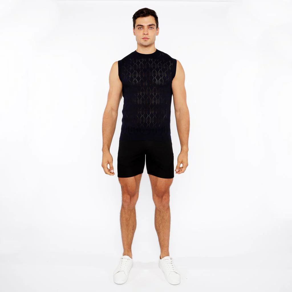 Open-Knit Diamond Vest (Navy)