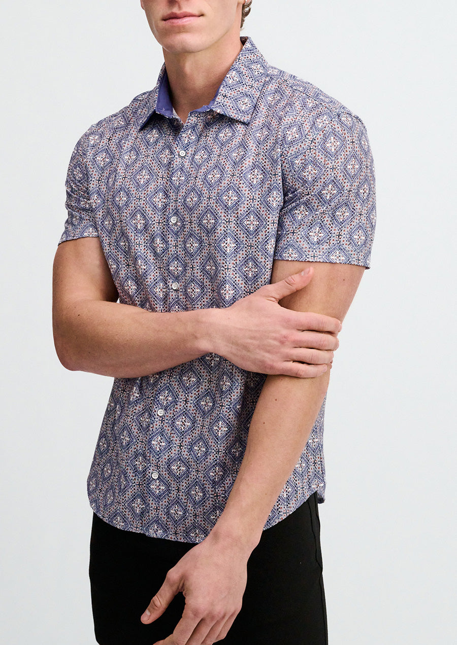 Printed Open Knit Stretch Shirt (Blueberry/Petal Diamonds)