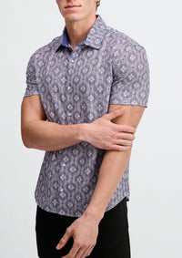 Printed Open Knit Stretch Shirt (Blueberry/Petal Diamonds)