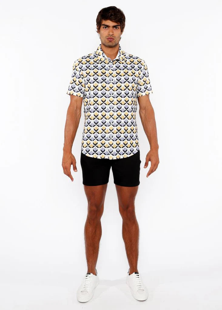 Printed Open Knit Stretch Shirt (Gold/Silver Diamonds)