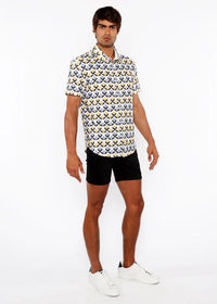 Printed Open Knit Stretch Shirt (Gold/Silver Diamonds)