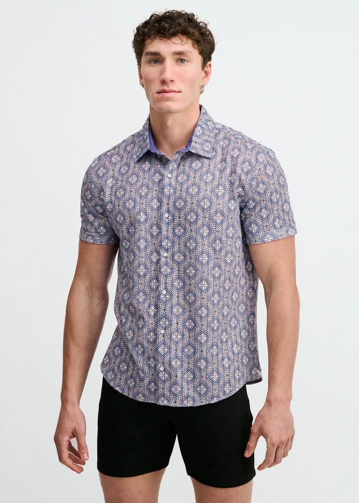 Printed Open Knit Stretch Shirt (Blueberry/Petal Diamonds)