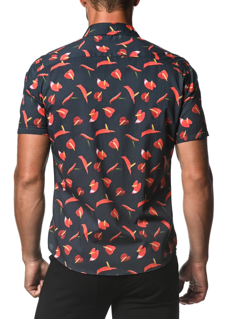 Tencel/Cotton Woven Shirt (Navy/Red Anthurium)