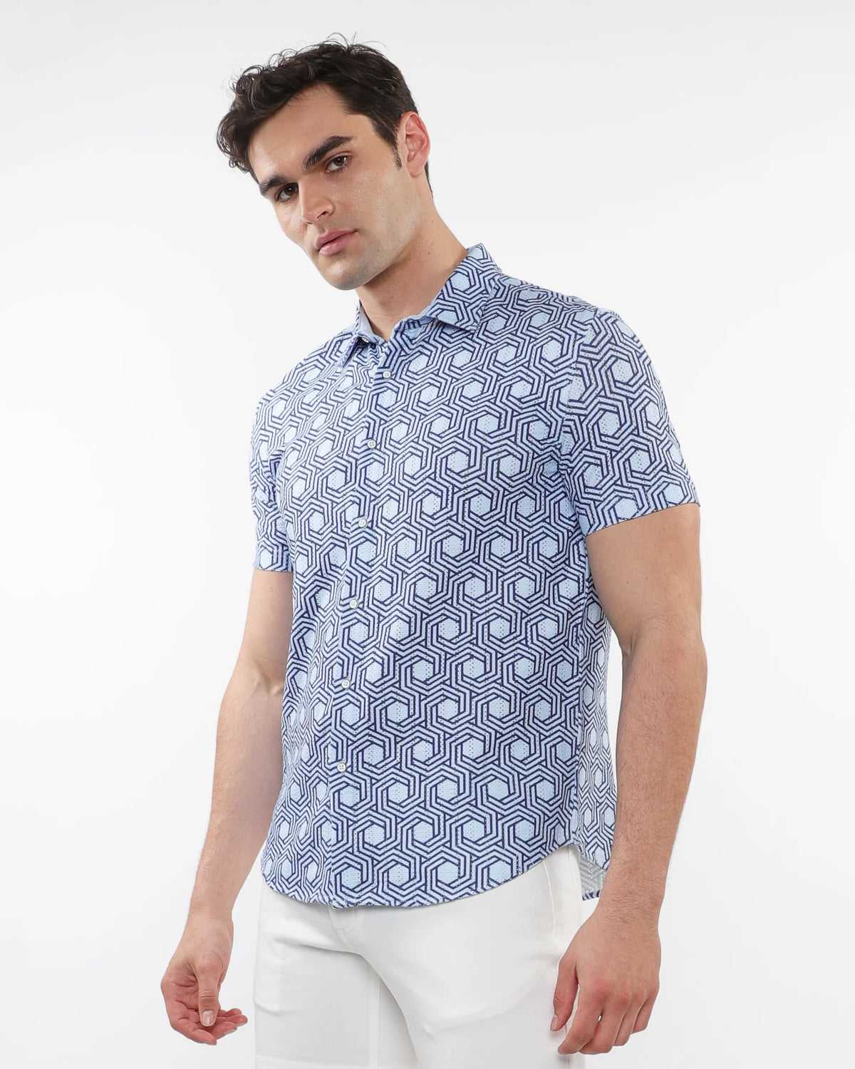 Open Knit Stretch Short Sleeve Shirt (Navy Cloud)