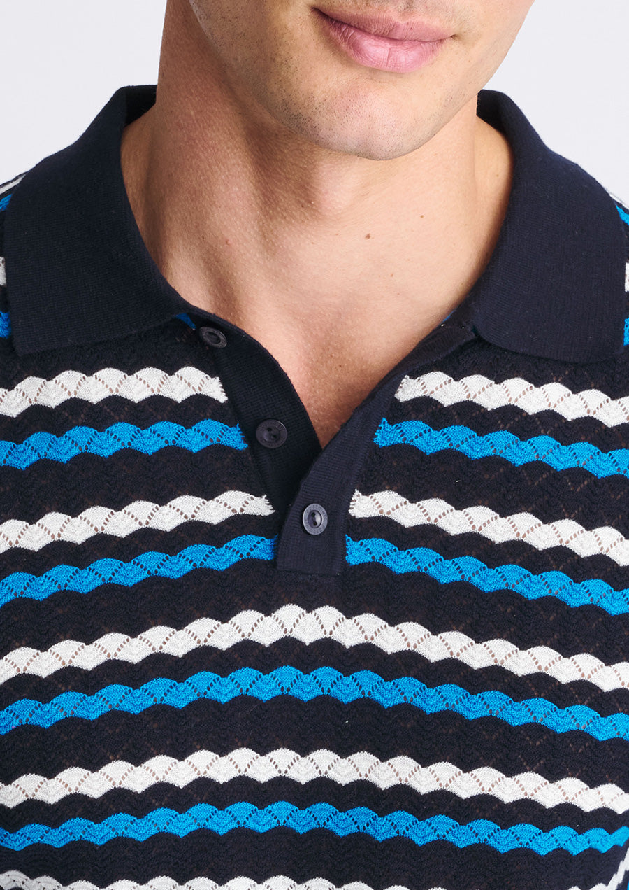 Textured Cotton Knit Striped Polo (Peacock/Navy/Off-White)