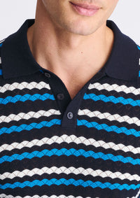 Textured Cotton Knit Striped Polo (Peacock/Navy/Off-White)