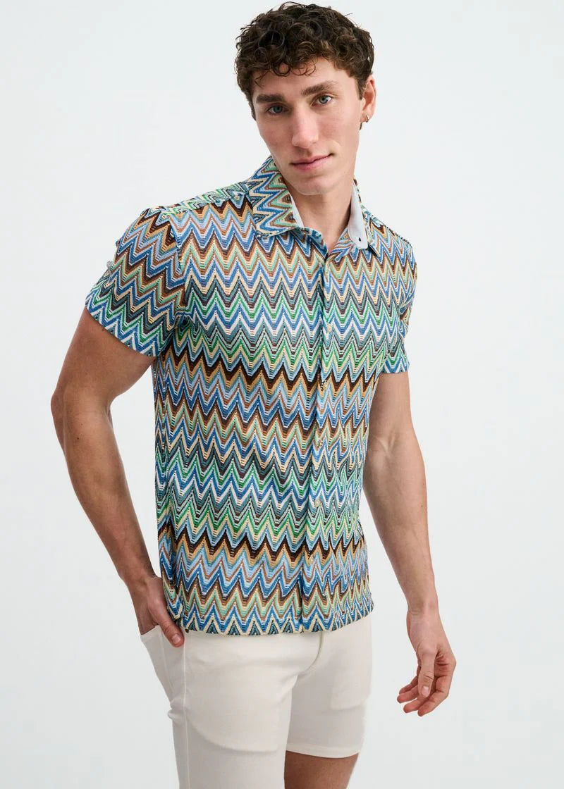 Open Knit Chevron Shirt (Cobalt/Sky)